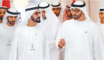  ??  ?? ■ Shaikh Mohammad Bin Rashid and Shaikh Mohammad Bin Zayed during the opening session of the annual government meetings in Abu Dhabi yesterday. WAM