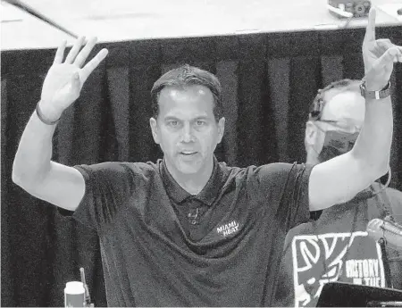  ?? MORRY GASH/AP ?? Heat head coach Erik Spoelstra reacts during Game 1 of their first-round playoff series against the Bucks in Milwaukee.