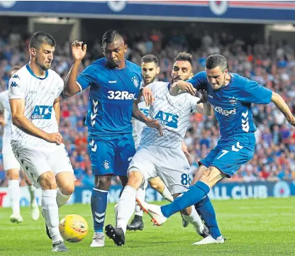  ?? Picture: Getty Images. ?? Jamie Murphy drove in an early opener for Rangers in the first leg at Ibrox but the hosts only added to that goal with a stoppage-time penalty.