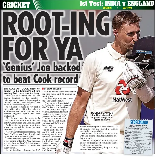  ??  ?? DOUBLE SMACKER: Joe Root kisses the England badge after going past 200