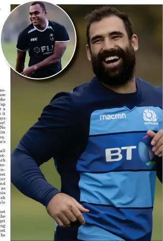  ??  ?? Josh Strauss is all smiles in training yesterday as he looks forward to facing old pal Leone Nakarawa (left)