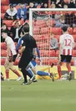  ??  ?? Gillingham’s 96th minute goal at the Stadium of Light.