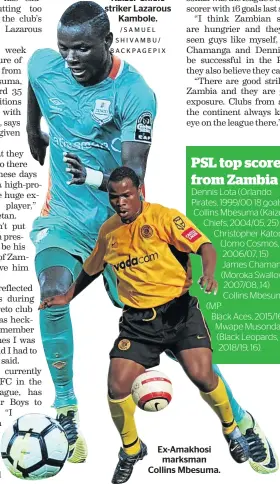  ?? /SAMUEL SHIVAMBU/ BACKPAGEPI­X ?? Kaizer Chiefs striker Lazarous Kambole. Ex-Amakhosi marksman Collins Mbesuma.