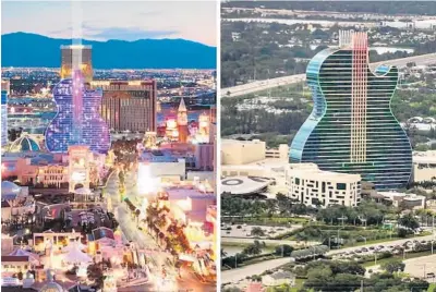  ?? HARD ROCK INTERNATIO­NAL/ COURTESY; PEDRO PORTAL/ MIAMI HERALD ?? The Seminole Tribe is planning to re- create the audacious spectacle of Hollywood’s guitar- shaped hotel, right, by building a near twin on the Las Vegas strip. A rendering of the planned Las Vegas tower at the site of the Mirage Hotel & Casino shows the same lasers that shoot into the sky in the shape of guitar strings.