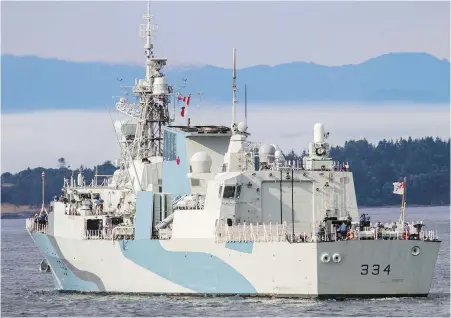  ?? DARREN STONE, TIMES COLONIST ?? The HMCS Regina departs from CFB Esquimalt on the initial deployment of Canadian military personnel participat­ing in RIMPAC 2020.