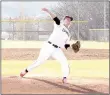  ?? PHOTO BY RICK PECK ?? McDonald County’s Jaime Hanke delivers a pitch during the Mustangs’ 2-1 loss to Neosho on March 23 at MCHS. Hanke took the loss despite allowing just four hits in six innings.