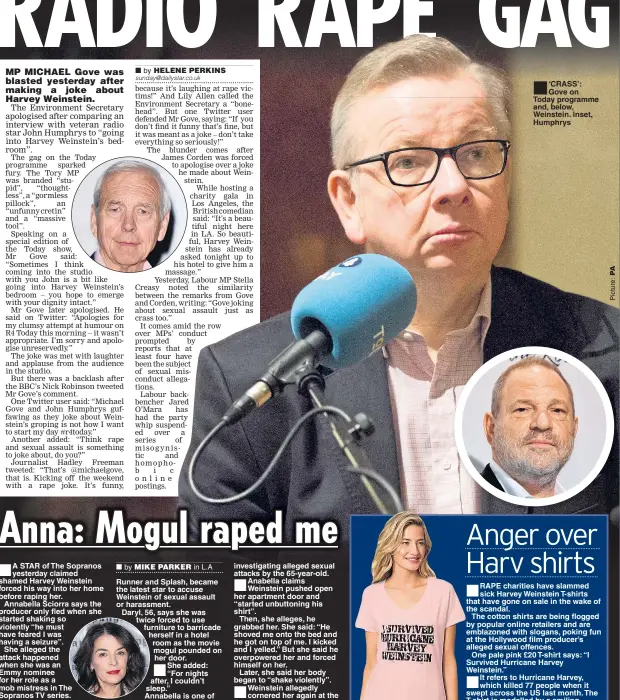  ??  ?? ■
‘CRASS’: Gove on Today programme and, below, Weinstein. Inset, Humphrys