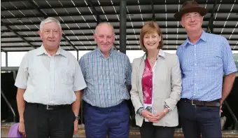  ??  ?? Frank Murphy of Glensouth Farm and Monex Financial Services and MEP Deirdre Clune chatting to Jerry Lynch, Baile Mhúirne and Billy Buckley, Banteer, at the Irish Farmers Journal Live Facebook Show ‘Farm Friday with Leo’ at Glensouth Farm, Banteer. Photo: Sheila Fitzgerald