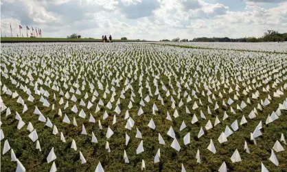  ?? Photograph: Allison Bailey/Rex/Shuttersto­ck ?? A sea of more than 670,000 white flags cover 20 acres of the National Mall in an art memorial for Covid-19 victims on 18 September 2021.