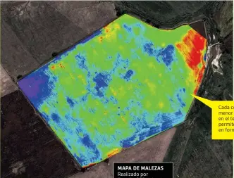  ??  ?? MAPA DE MALEZAS Realizado por Estudio G&D sobre la imagen que brinda Google Maps de un determinad­o terreno en estudio. Cada color indica la mayor o menor existencia de malezas en el terreno. Este mapa permite aplicar los herbicidas en forma selectiva.