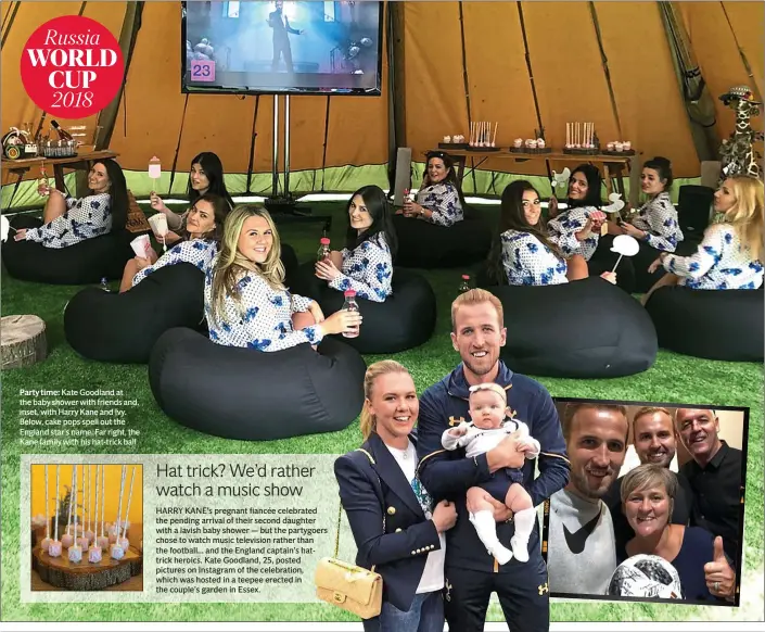  ??  ?? Party time: Kate Goodland at the baby shower with friends and, inset, with Harry Kane and Ivy. Below, cake pops spell out the England star’s name. Far right, the Kane family with his hat-trick ball HARRY KANE’s pregnant fiancée celebrated the pending...