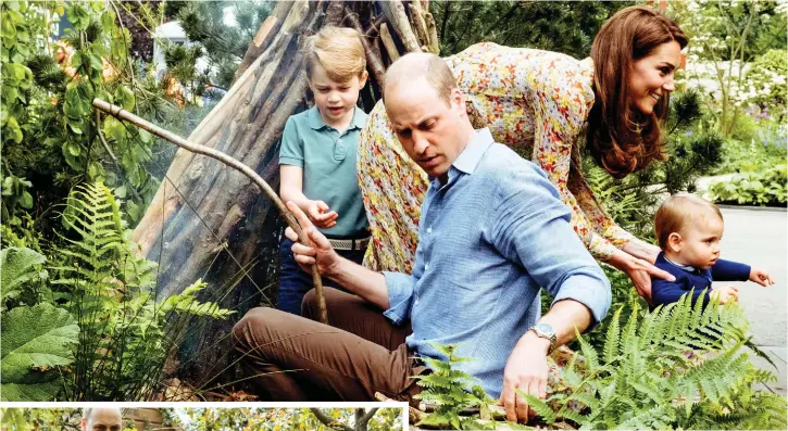  ??  ?? Tepee time: William makes George a wooden bow as Kate guides Louis