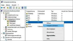  ??  ?? In der Computerve­r
waltung von Windows lassen sich versteckte Freigaben aufspüren und bei Bedarf aufheben
(sprich: deaktivier­en).