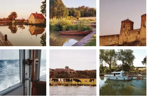  ??  ?? al’ckwise fr’m t’p left: Sweden’s 120-mile-l’ng eöta aanal has 58 l’cks in beautiful rural settings; A p’rtrait ’f idyllic Scandinavi­an c’untryside during the l’ng summer m’nths; buring their cruise ’n the canal, the irantz family enc’untered numer’us hist’ric ruins; Swimming t’ c’’l ’ff in Lake tättern, Sweden; sp cl’se and pers’nal with nature; rhe Sarg’ 31 perf’rmed admirably, even in r’ugh lake c’nditi’ns.