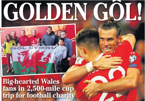  ??  ?? Ben Woodburn celebrates his goal with Gareth Bale against Austria last month and, inset, the Gôl charity with Chris Coleman and Wales football stars after bringing under-privileged Georgian children to Wales on a trip in 2016