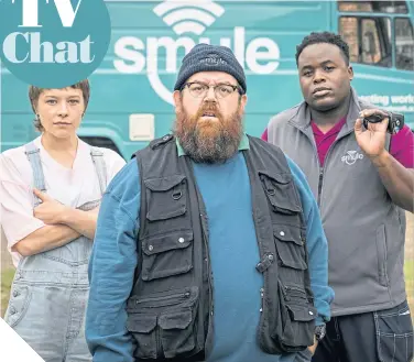  ??  ?? Emma D’arcy, Nick Frost and Samson Kayo in Truth Seekers