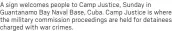  ??  ?? A sign welcomes people to Camp Justice, Sunday in Guantanamo Bay Naval Base, Cuba. Camp Justice is where the military commission proceeding­s are held for detainees charged with war crimes.