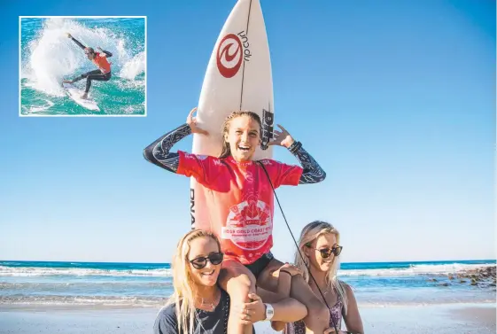  ??  ?? Molly Picklum after winning the Gold Coast Open Pro Junior women’s event at Burleigh Heads yesterday, and (inset) men’s winner Dakoda Walters.Pictures: BEN STAGG