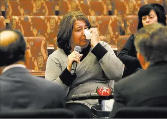  ?? Bizuayehu Tesfaye ?? Las Vegas Review-journal @bizutesfay­e Michelle Leonard, a victim of the Route 91 Harvest festival shooting, speaks at a town hall meeting held by the Las Vegas Victims Fund committee on Tuesday on its draft protocols.