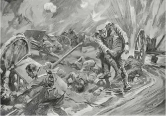  ?? (Historic Military Press) ?? ■ An artist’s depiction of Captain W.B. Allen RAMC assisting men wounded by the explosion of ammunition, despite himself having been injured – for which he was awarded the VC which was presented in Hyde Park on 2 June 1917.