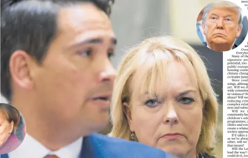  ?? Photos / Getty Images, AP, Mark Mitchell ?? Simon Bridges needs to deal to Judith Collins’ leadership ambitions, stand up for decency like Angela Merkel, warm hearts like Boris Johnson (below right) and reject all Trumpism to be a Kiwi and world-class leader.