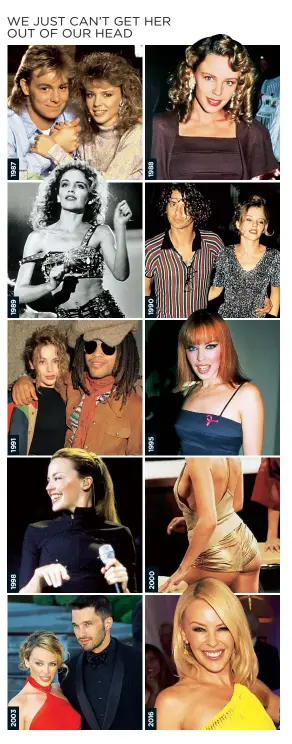 ??  ?? Kylie’s journey from soap sweetheart to pop superstar, from top left: with Neighbours husband and former beau Jason Donovan; fast evolving into a style icon; with rock star former flames Michael Hutchence and Lenny Kravitz; ravishing as a redhead; on stage in London; a cheeky return for the new millennium; with ex Olivier Martinez; as sleek and smiley as ever in her 40s