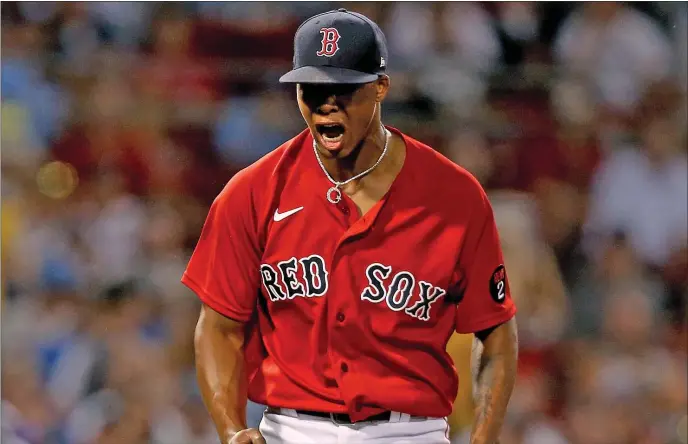  ?? MATT STONE — BOSTON HERALD ?? Pitcher Brayan Bello of the Boston Red Sox screams out after striking out Bo Bichette of the Toronto Blue Jays during the fourth inning of an Aug. 24, 2022 game at Fenway Park.