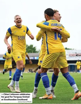  ?? James Fearn/PPAUK ?? Chiori Johnson celebrates his goal for Torquay United at Southenden Southend