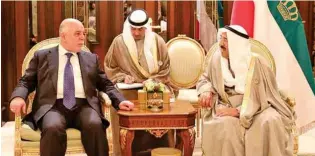  ?? — Iraqi Prime Minister Media Office/via Reuters ?? FUNDS: Kuwait’s Emir His Highness Sheikh Sabah Al Ahmad Al Sabah meets with Iraqi Prime Minister Haider Al Abadi in Kuwait City, Kuwait, February 14, 2018.