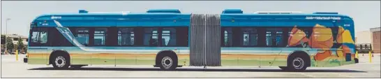  ??  ?? This is one of the 60-foot electric buses used by the Antelope Valley Transit Authority, in Lancaster, Calif. The authority, which serves some 450,000 residents in parts of Los Angeles County, wants to be the first transit agency with an all-electric...