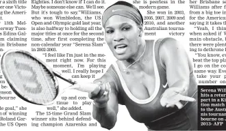  ??  ?? Serena Williams of the US hits a return as she takes part in a Kids Day exhibition match in the lead-up to the Australian Open tennis tournament in Melbourne on January 12, 2013- AFP