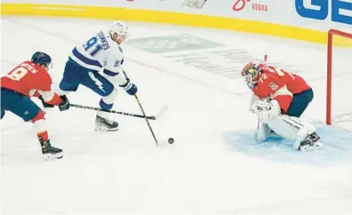  ?? MARTA LAVANDIER/AP ?? Tampa Bay Lightning center Steven Stamkos aims a shot as Florida Panthers goaltender Sergei Bobrovsky defends the net during the third period of their preseason game on Thursday.