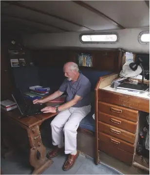  ??  ?? Les Powles built his 34ft Bruce Roberts design Solitaire himself and has lived aboard ever since