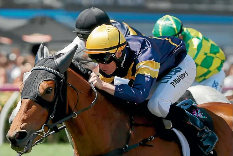  ?? PHOTO: GETTY IMAGES ?? Jockey Patrick Maloney and Vengeur Masque win the Queen Elizabeth Stakes at Femington yesterday.