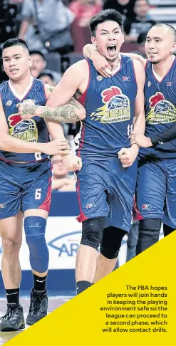  ??  ?? The PBA hopes players will join hands in keeping the playing environmen­t safe so the league can proceed to a second phase, which will allow contact drills.