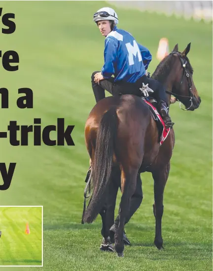  ?? Picture: ALEX COPPEL & GETTY IMAGES ?? A relaxed jockey Hugh Bowman on Winx at Moonee Valley yesterday just before starting her trackwork session (inset).