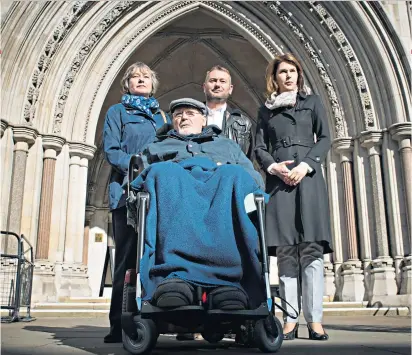  ??  ?? Taking control: Noel Conway at the High Court, right, with wife Carol, left, his stepson Terry Mccusker and Sarah Wootton of Dignity in Dying. Below, Noel and Carol at home