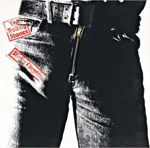  ??  ?? Rude, funny and instantly memorable: the cover of Sticky Fingers was designed by Andy Warhol. Below, Mick Jagger and Keith Richards live on stage in 1971