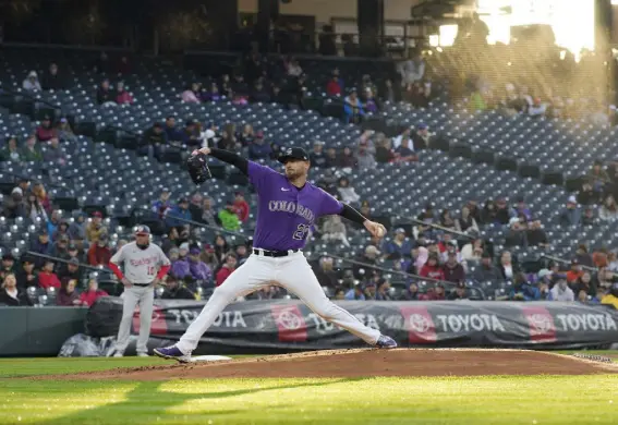  ?? David Zalubowski, The Associated Press ?? Colorado Rockies starting pitcher Austin Gomber works against the Washington Nationals in the second inning on Wednesday night at Coors Field.