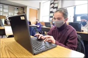  ?? H John Voorhees III / Hearst Connecticu­t Media ?? Eva Bauco, 11, of Danbury, works during her sixth-grade science class at St. Joseph School.