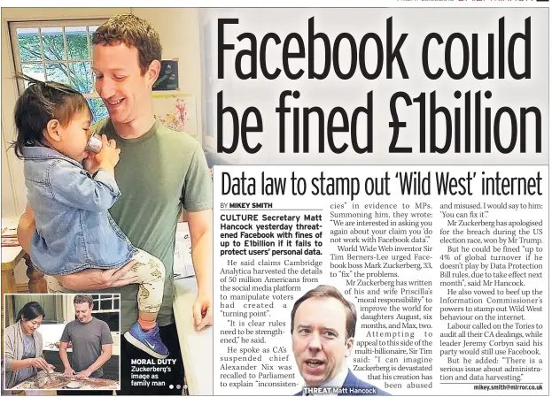  ??  ?? MORAL DUTY Zuckerberg’s image as family man