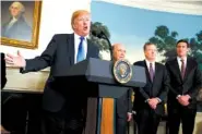  ?? THE ASSOCIATED PRESS ?? President Donald Trump speaks before he signs a presidenti­al memorandum imposing tariffs and investment restrictio­ns on China in the Diplomatic Reception Room of the White House Thursday. Secretary of Commerce Wilbur Ross, United States Trade...