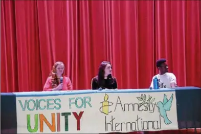  ?? PHOTO PROVIDED ?? Maggie Fronk, Channah Goldman and Max Rouzier spoke at the second Voices for Unity event Thursday at Saratoga Springs High School.