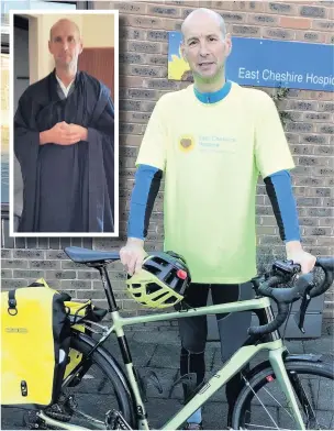  ??  ?? Stephen Williams ready to cycle to France for charity and (inset) Stephen in his Buddhist clothes