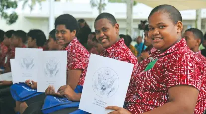  ?? Photo: Inoke Rabonu ?? Participan­ts of the Access programme Anaseini Daroko, Autiko Rabia and Anaseini Ratunilevu­ka at the launch of the programme at the United States Embassy in Suva on July 2, 2020.