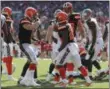  ?? MARK LOMOGLIO - THE ASSOCIATED PRESS ?? Running back Nick Chubb celebrates with QB Baker Mayfield after scoring on a 1-yard touchdown run against the Buccaneers on Oct. 21 in Tampa, Fla.