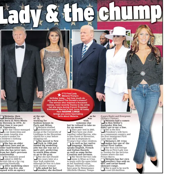  ??  ??  
IT’S First Lady Melania Trump’s birthday today – but how much do you know about The Donald’s missus? The woman who inspired a thousand memes, most recently thanks to the white hat she wore during French President Emmanuel Macron’s visit, turns 48...