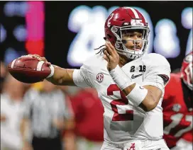  ?? CURTIS COMPTON / ATLANTA JOURNAL-CONSTITUTI­ON ?? Jalen Hurts, passing against Georgia during the NCAA final, struggled in that game but has mostly won in his Alabama career.