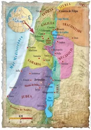  ??  ?? ¿NAZARET O BELÉN? Ambas localidade­s –una al norte de Palestina, en Galilea, y la otra al sur, en Judea, como vemos en el mapa– se disputan ser la patria chica de Jesucristo.