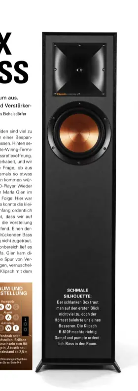  ??  ?? Schmale Silhouette:  Der schlanken Box traut man auf den ersten Blick nicht viel zu, doch der Hörtest belehrte uns eines Besseren. Die Klipsch R- 610F machte richtig Dampf und pumpte ordentlich Bass in den Raum.